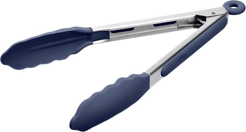 Doosu Kitchen Tongs for Cooking - 600°F Heat Resistant Food Tong with Non-Scratch Silicone Tips, Heavy Duty Stainless Steel Locking Tong for BBQ, Grilling Steak, Serving Salad Pasta (9in, Navy Blue) - Image 1